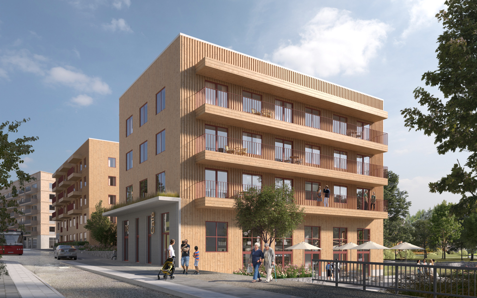 Kvarter A sett norrut längs Bjursätragatan med lokal i bottenvåning och uteplats i Rågdalen. Illustration: Brunnberg och Forshed.